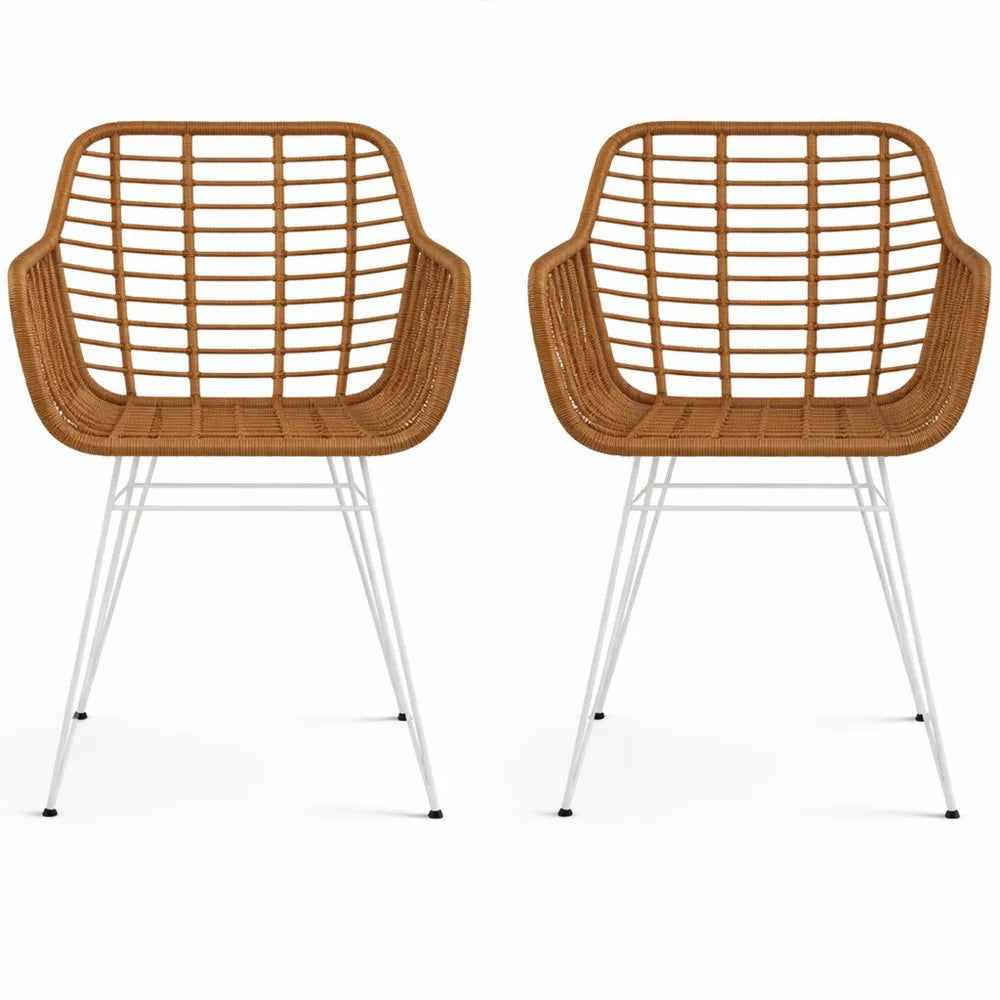 Ensemble de 2 chaises de salle à manger avec assise en résine tressée et pieds en acier, design bohème, blanc