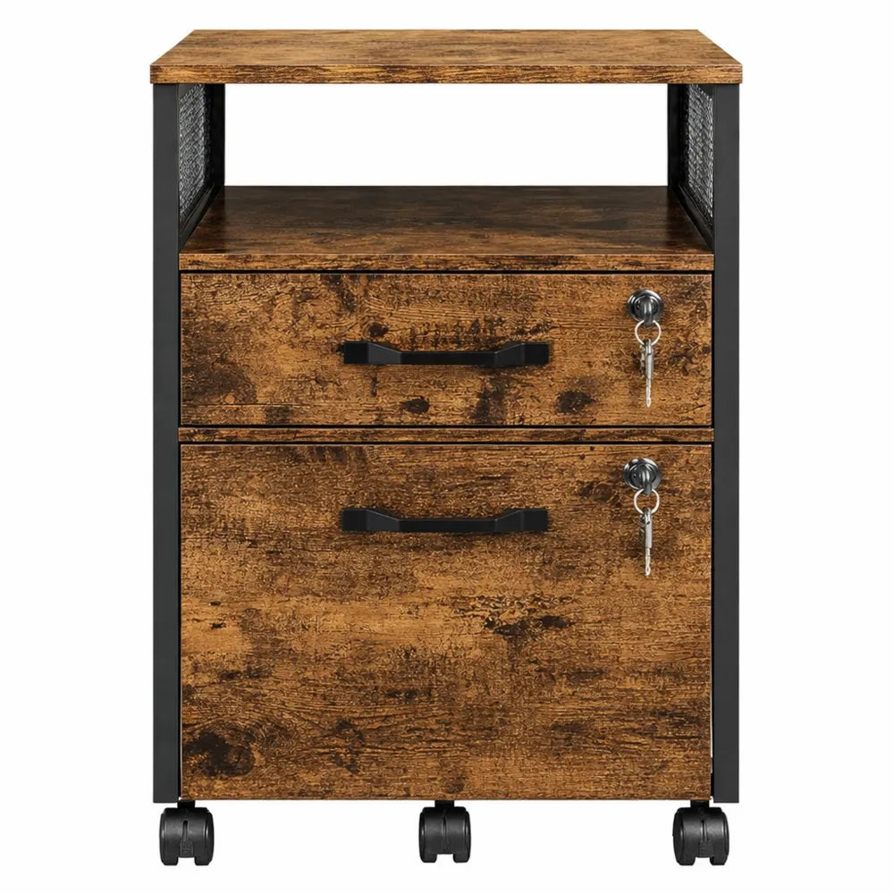 Caisson de Rangement Mobile à 2 Tiroirs, Style Industriel, Marron et Noir