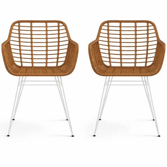 Ensemble de 2 chaises de salle à manger avec assise en résine tressée et pieds en acier, design bohème, blanc
