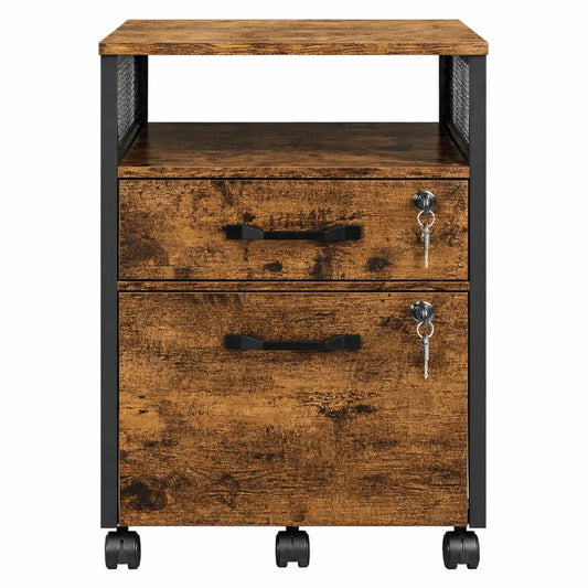 Caisson de Rangement Mobile à 2 Tiroirs, Style Industriel, Marron et Noir