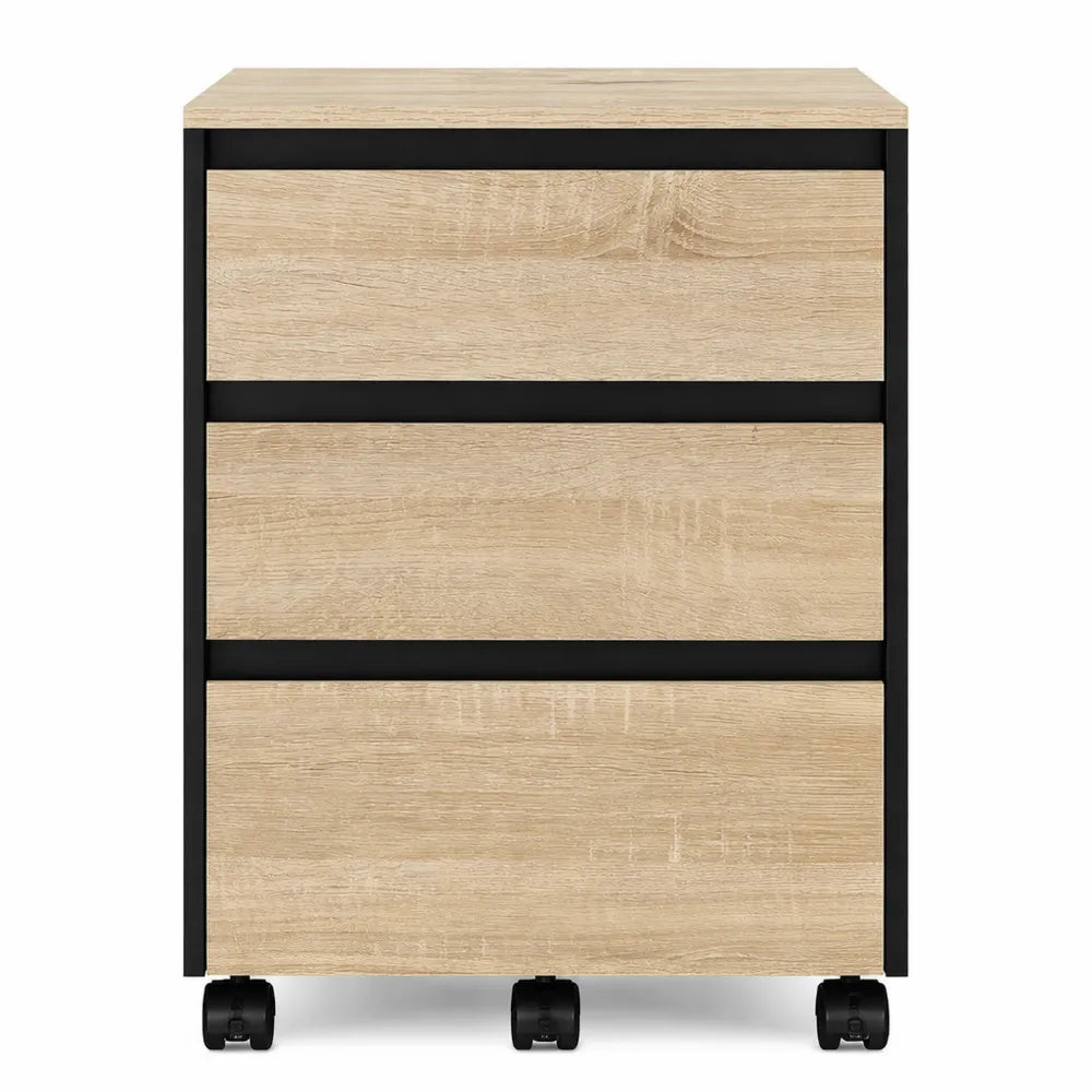 Caisson de Rangement Mobile avec 3 Tiroirs, Chêne Clair et Noir, 40x40x71.5cm